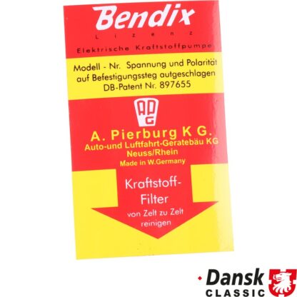 Sticker, "Bendix" on fuel pump