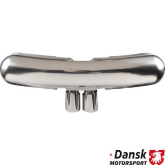 Exhaust rear, Sport, GT3 style, with two Ø90 mm center tail pipes. Made of polished stainless steel. For use together with heat exchanger conversion Dansk 91.932S41
