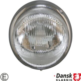 Headlight with chrome rim, with E-mark. Can be used for vehicles 8/1964–7/1969 without using parking light