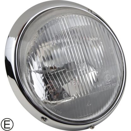 Headlight with chrome rim, OE quality, with E-mark. Fits RHD vehicles