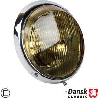 Headlight with chrome rim, yellow glass, with E-mark