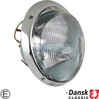 Headlight "Bosch Style" with clear glass, chrome rim, 2xH1 bulbs and attachment screws, with E-mark