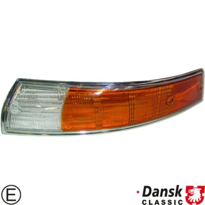 Lens for indicator with chrome rim, front, EU version, orange/clear, left, with E-mark