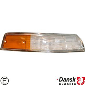 Lens for indicator with chrome rim, front, EU version, clear/orange, right, with E-mark