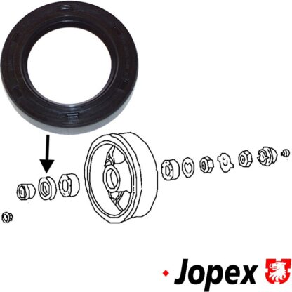 Oil seal for wheel bearing, front. For models with drum brakes