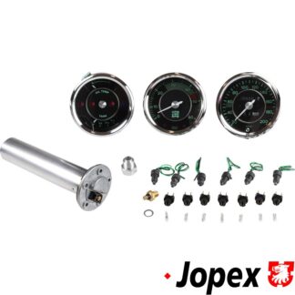 Porsche 356 dashboard gauges replica set, fuel, temperature, speedometer and tachometer. Current must be above 13.7V